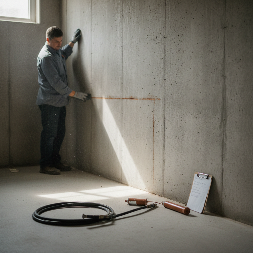 Madison foundation repair crew working on a poured-concrete basement wall with carbon-fiber straps and a sump pit visible